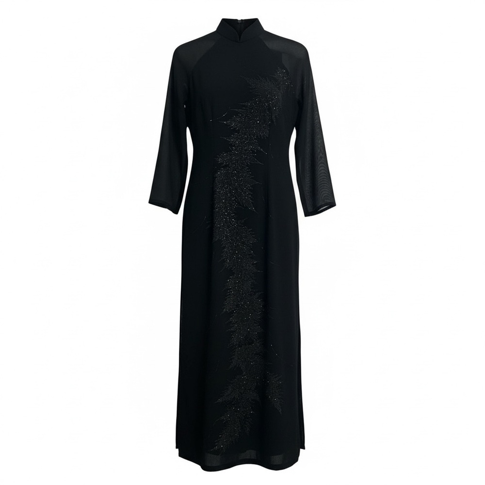 Vintage Sheer Mandarin Collar Black Dress with deep side Slits